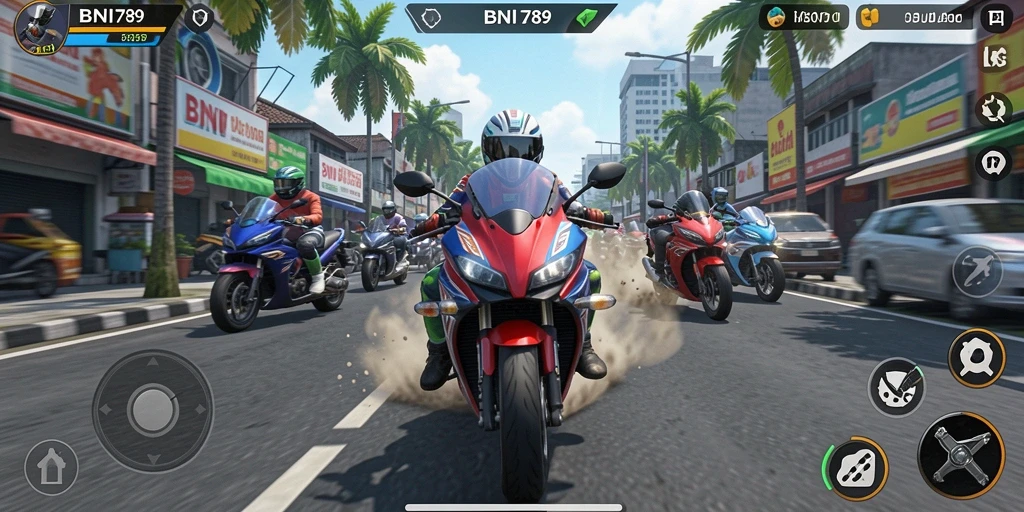 Screenshot BNI789 yang menampilkan aksi balapan motor yang seru.