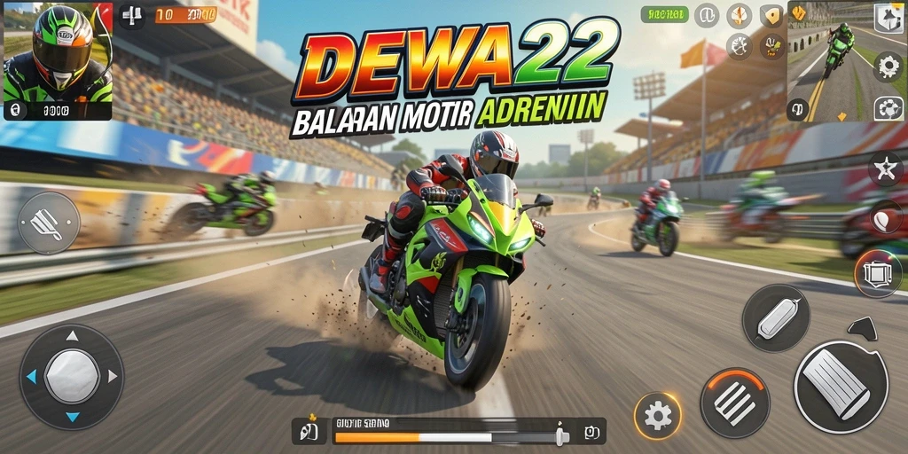 Screenshot DEWA22 menampilkan balapan motor yang mendebarkan di trek.