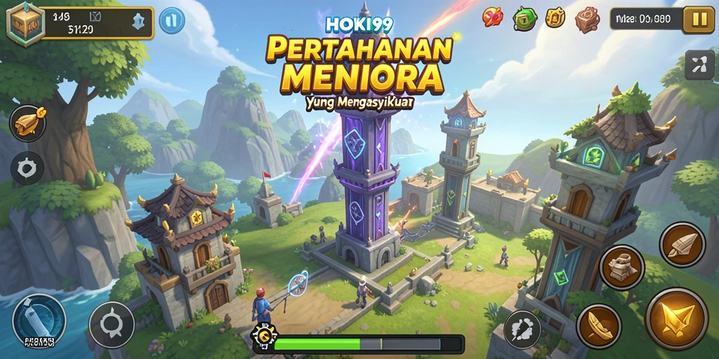 Gameplay HOKI99 dengan menara dan musuh yang menantang.