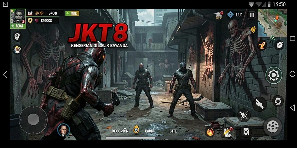 Tangkapan layar menunjukkan gameplay menegangkan dari JKT8 dengan makhluk horor.