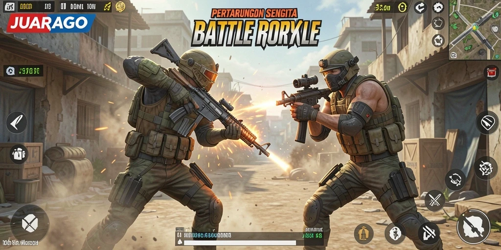 Screenshot gameplay JUARAGO dengan aksi pertarungan Battle Royale yang mendebarkan.