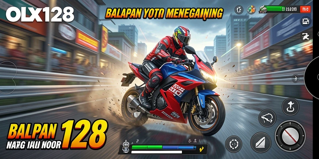Screenshot gameplay OLX128 yang menunjukkan aksi balapan motor yang intens.