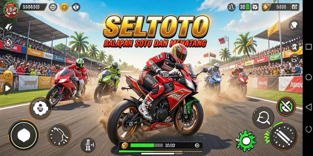 Screenshot SELTOTO menampilkan balapan motor yang mendebarkan di trek perkotaan.